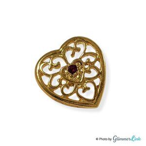 Vintage Filigree Ruby Red Heart Gold Tone Pin Tie Tack Harriet Carter